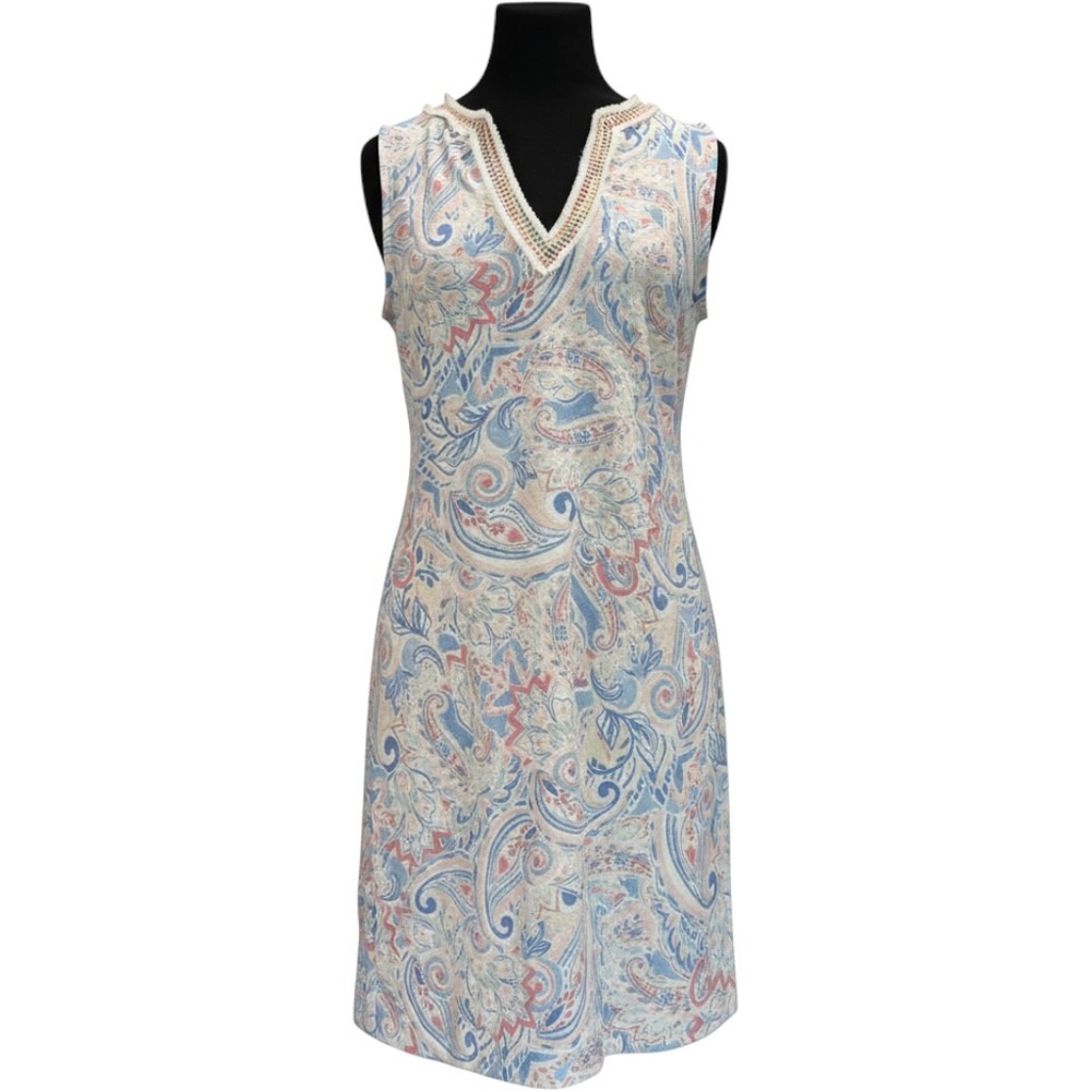Laundry by Shelli Segal Womens 10 Blue Pink Paisley V-Neck Sheath Dress Trimmed